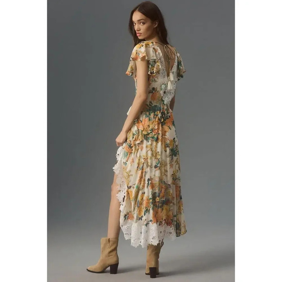 NWT By Anthropologie V-Neck Ruffle Lace Slip Dress Sz 6P Petite Ivory 9D410 - Picture 4 of 14